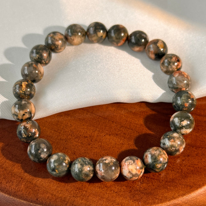 Actinolite in Quartz with Orange Calcite Bracelet 8.5-8.9mm