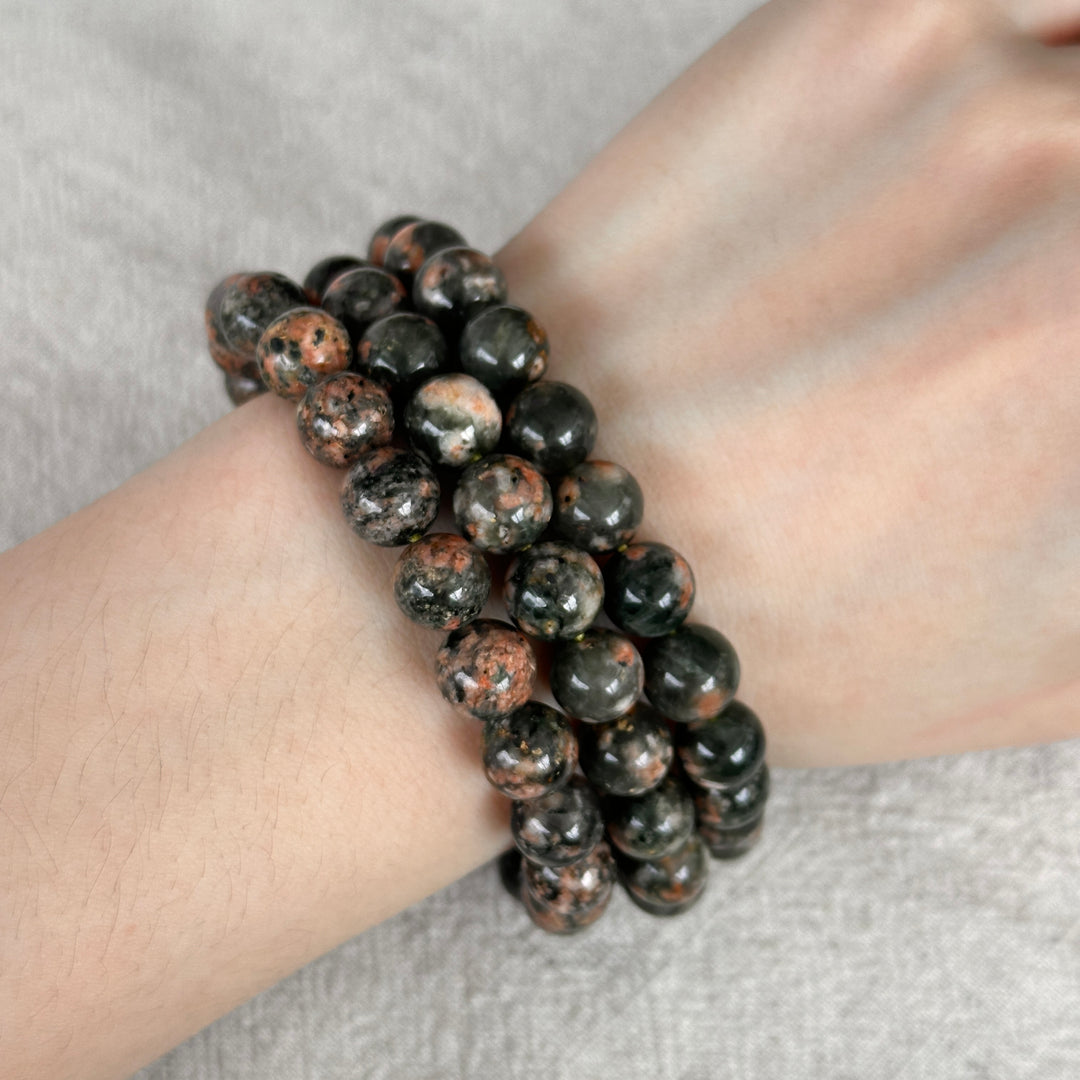 Actinolite in Quartz with Orange Calcite Bracelet 8.5-8.9mm