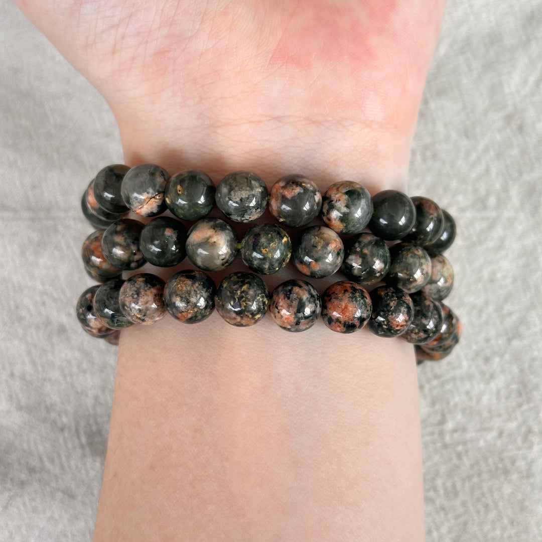 Actinolite in Quartz with Orange Calcite Bracelet 8.5-8.9mm
