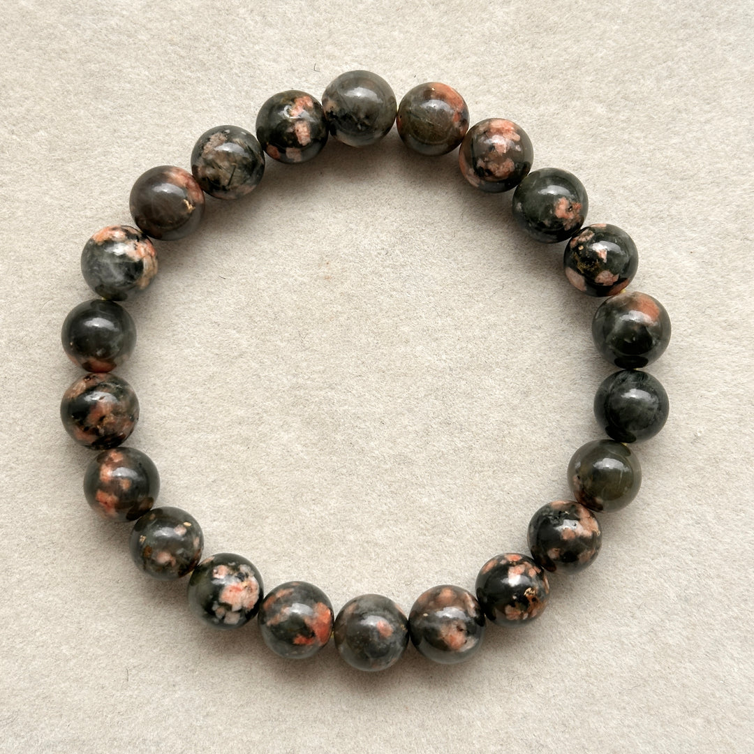 Actinolite in Quartz with Orange Calcite Bracelet 8.5-8.9mm