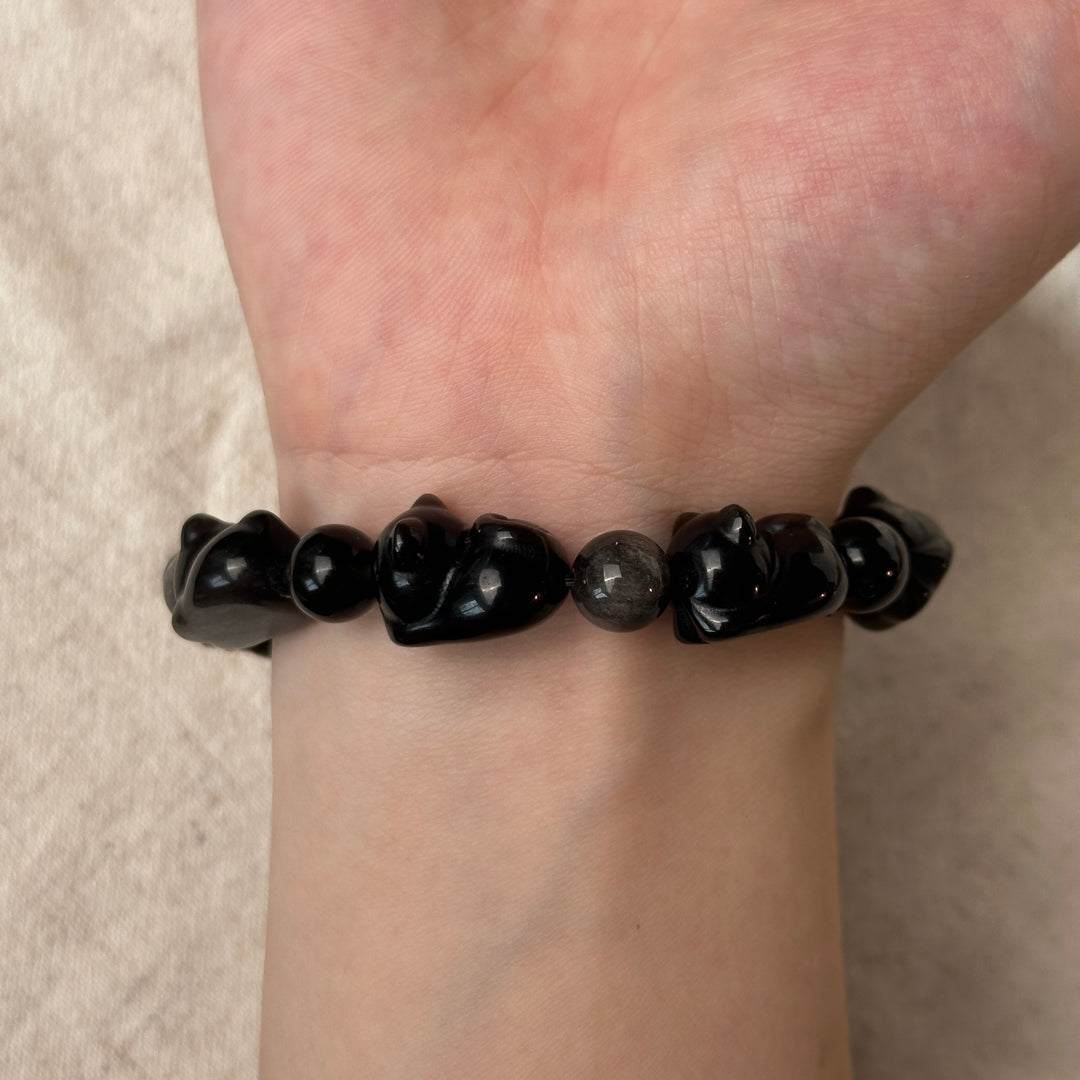 Silver Obsidian Cat Bead Bracelet 11.2-11.6mm