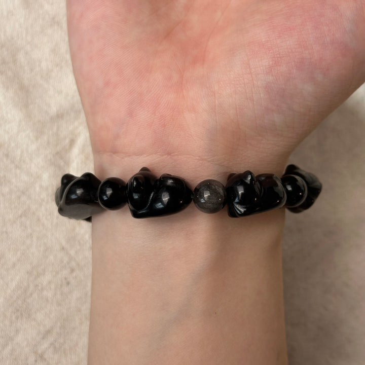 Silver Obsidian Cat Bead Bracelet 11.2-11.6mm