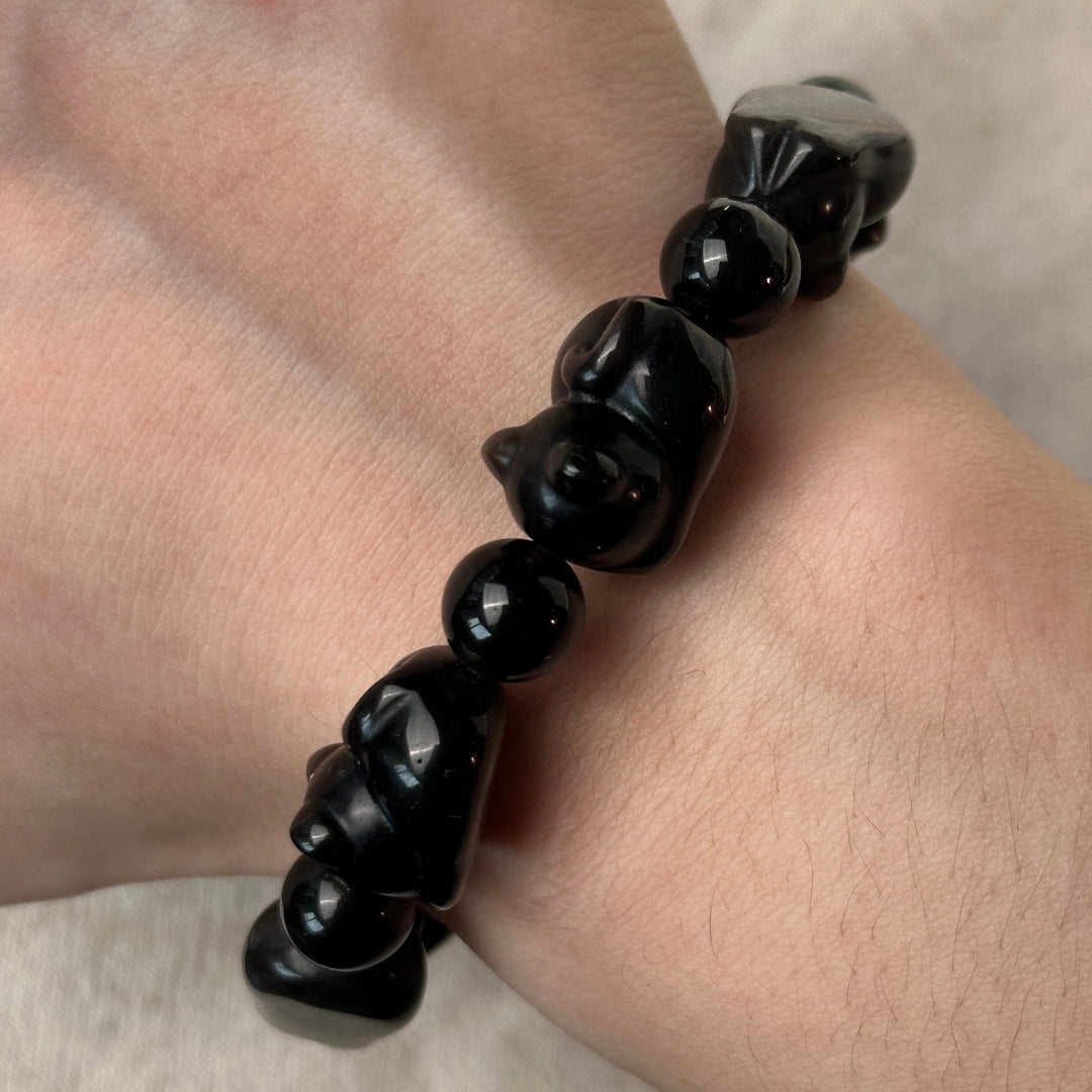 Silver Obsidian Cat Bead Bracelet 11.2-11.6mm