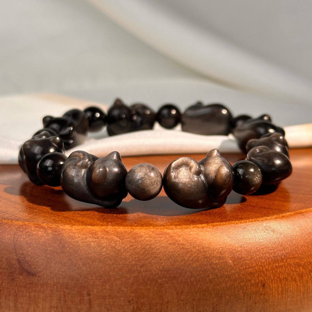 Silver Obsidian Cat Bead Bracelet 11.2-11.6mm