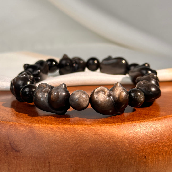 Silver Obsidian Cat Bead Bracelet 11.2-11.6mm