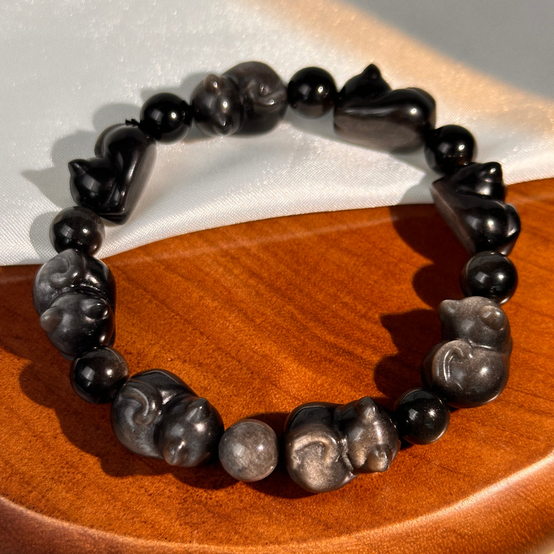 Silver Obsidian Cat Bead Bracelet 11.2-11.6mm