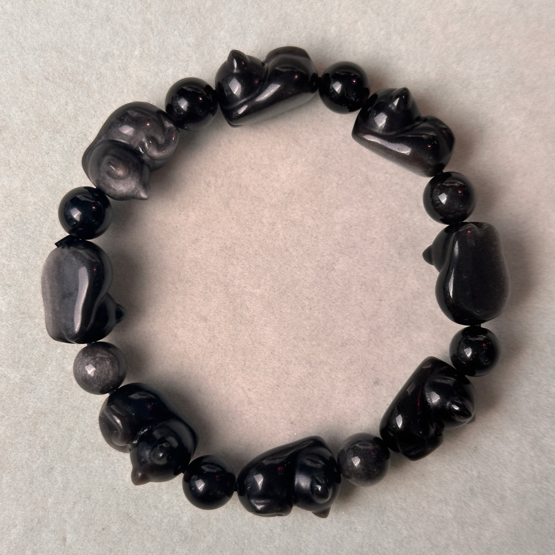 Silver Obsidian Cat Bead Bracelet 11.2-11.6mm