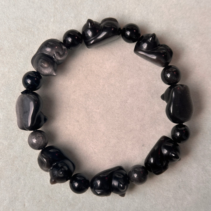 Silver Obsidian Cat Bead Bracelet 11.2-11.6mm