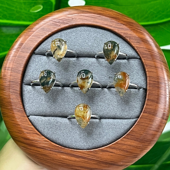 Moss Agate Teardrop Ring, S925