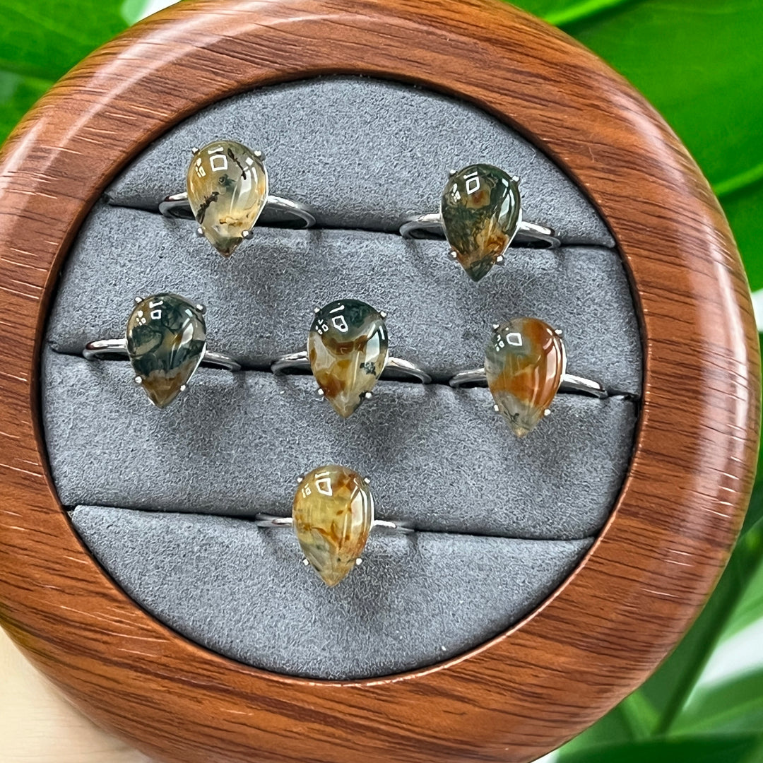 Moss Agate Teardrop Ring, S925