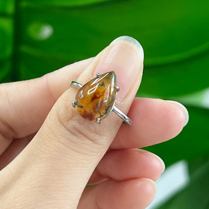 Moss Agate Teardrop Ring, S925