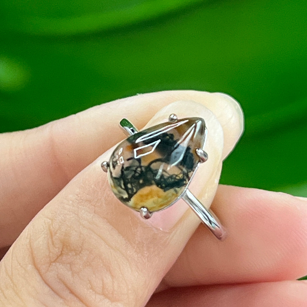 Moss Agate Teardrop Ring, S925