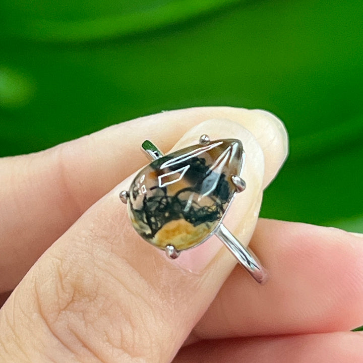 Moss Agate Teardrop Ring, S925