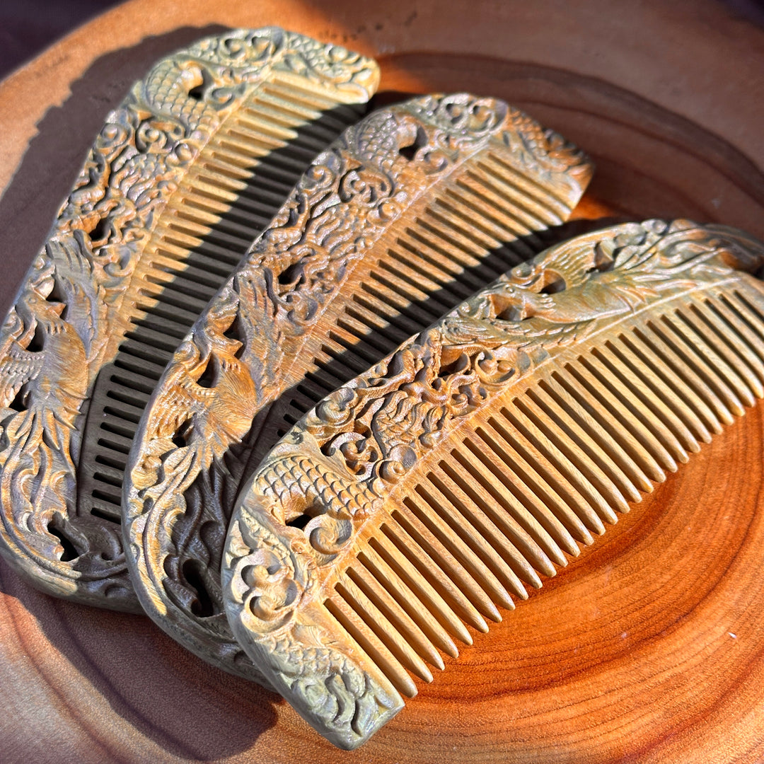 Green Sandalwood Dragon & Phoenix Carved Comb