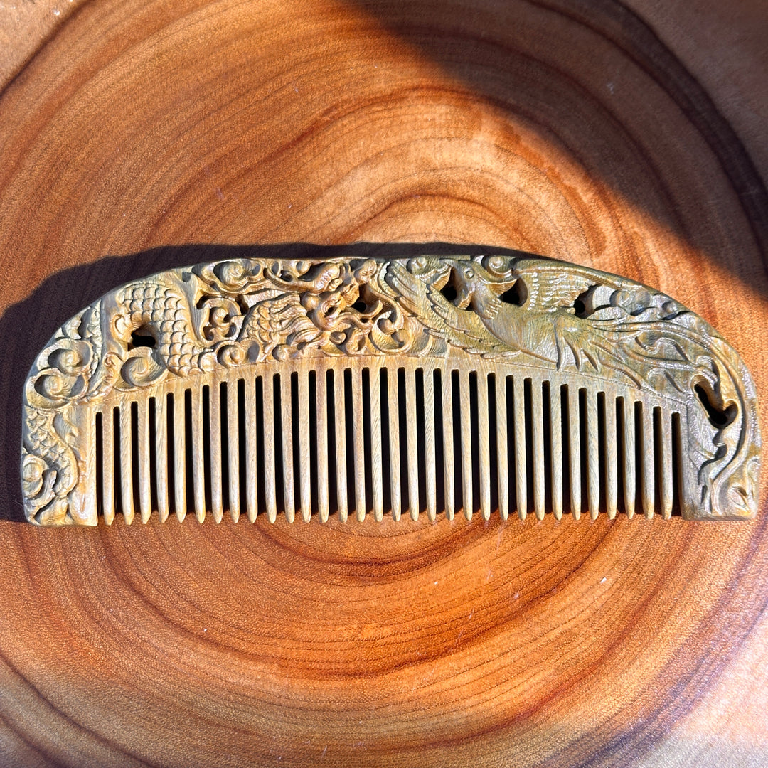 Green Sandalwood Dragon & Phoenix Carved Comb