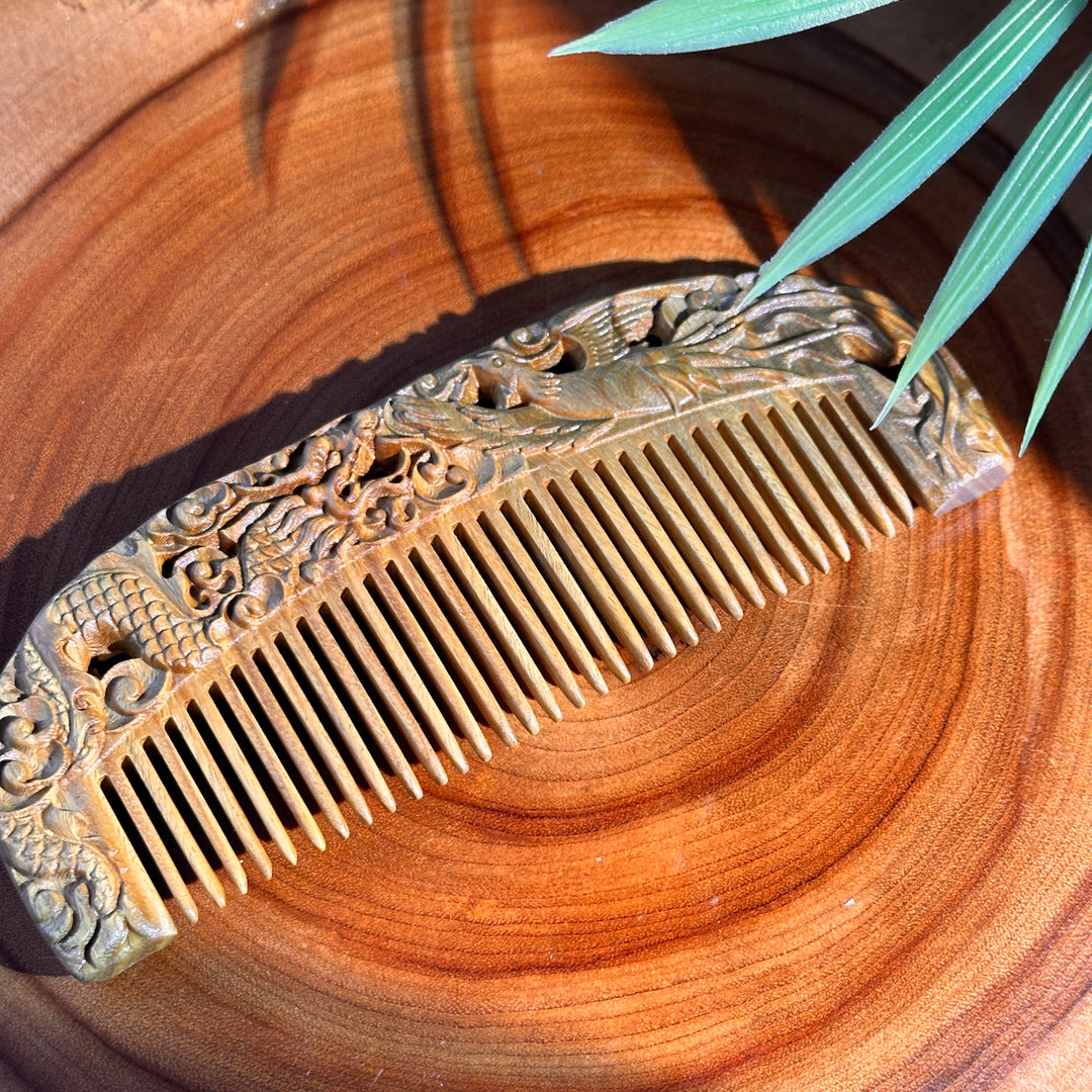 Green Sandalwood Dragon & Phoenix Carved Comb