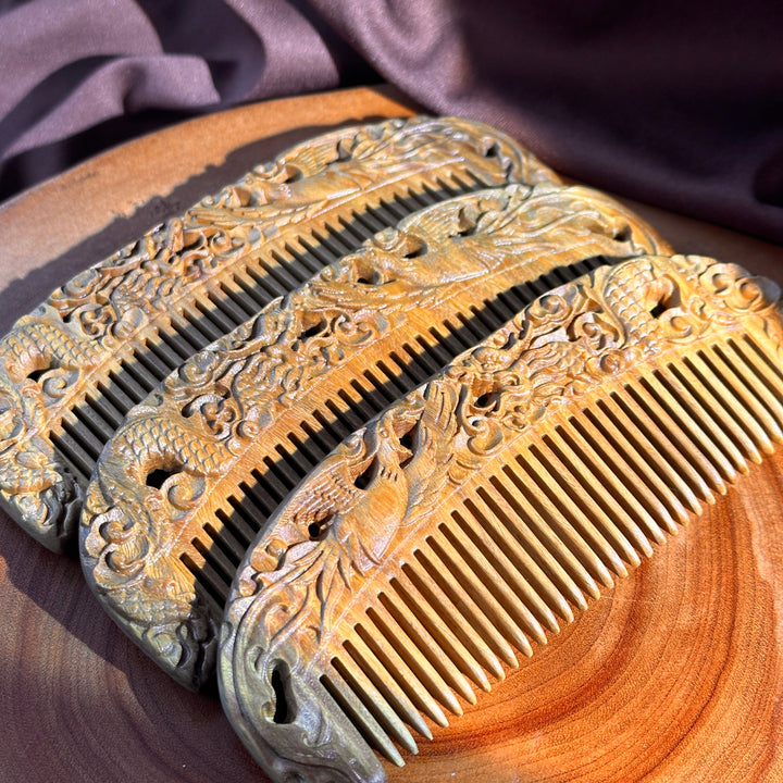 Green Sandalwood Dragon & Phoenix Carved Comb