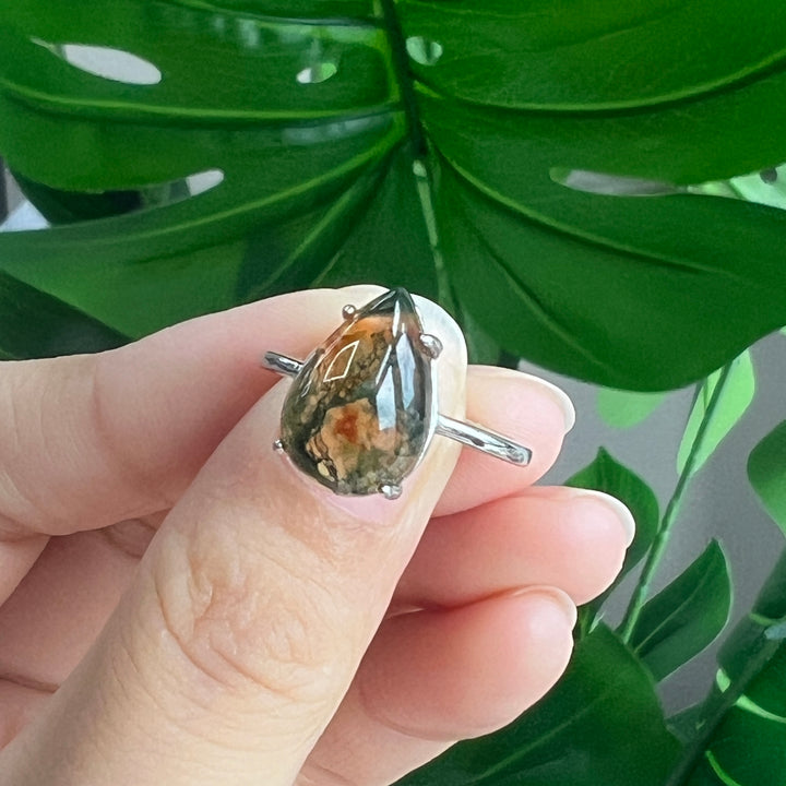 Moss Agate Teardrop Ring, S925