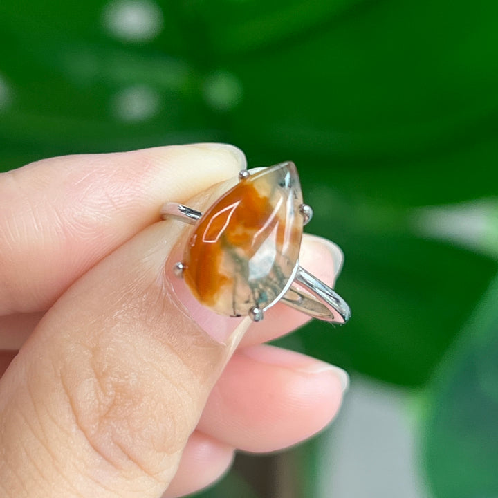 Moss Agate Teardrop Ring, S925