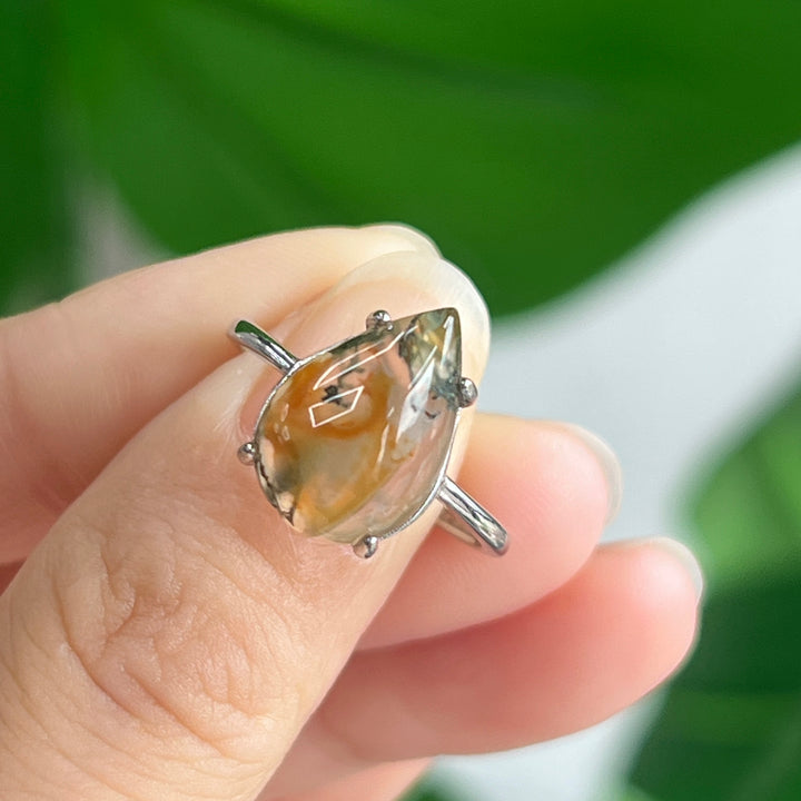 Moss Agate Teardrop Ring, S925