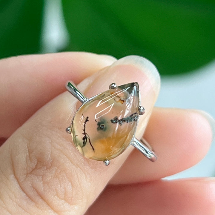 Moss Agate Teardrop Ring, S925