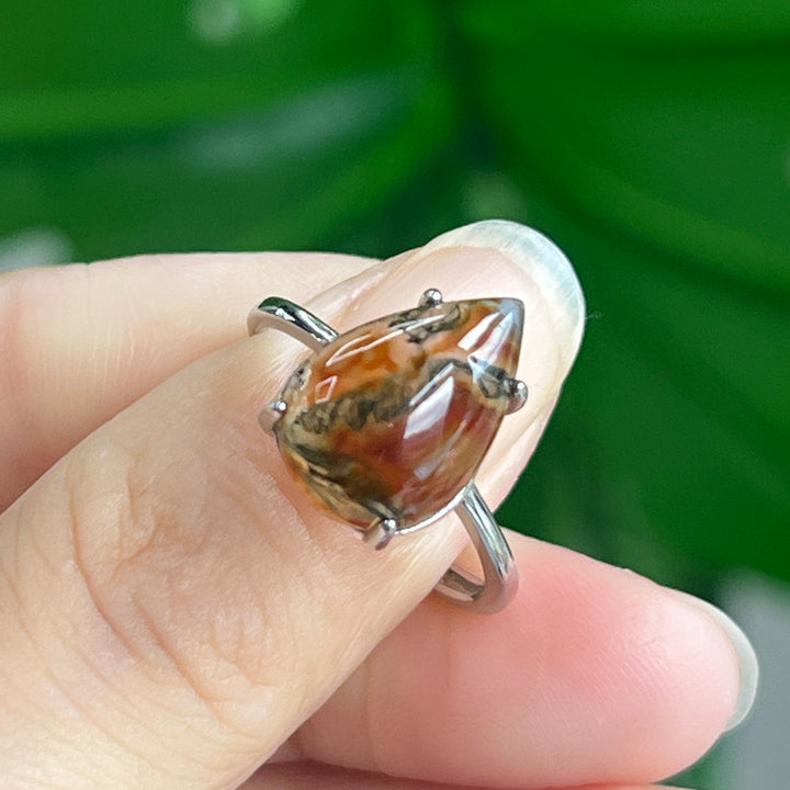 Moss Agate Teardrop Ring, S925