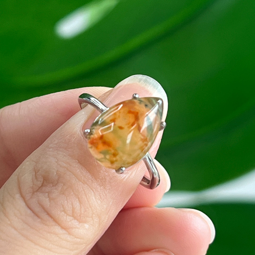 Moss Agate Teardrop Ring, S925