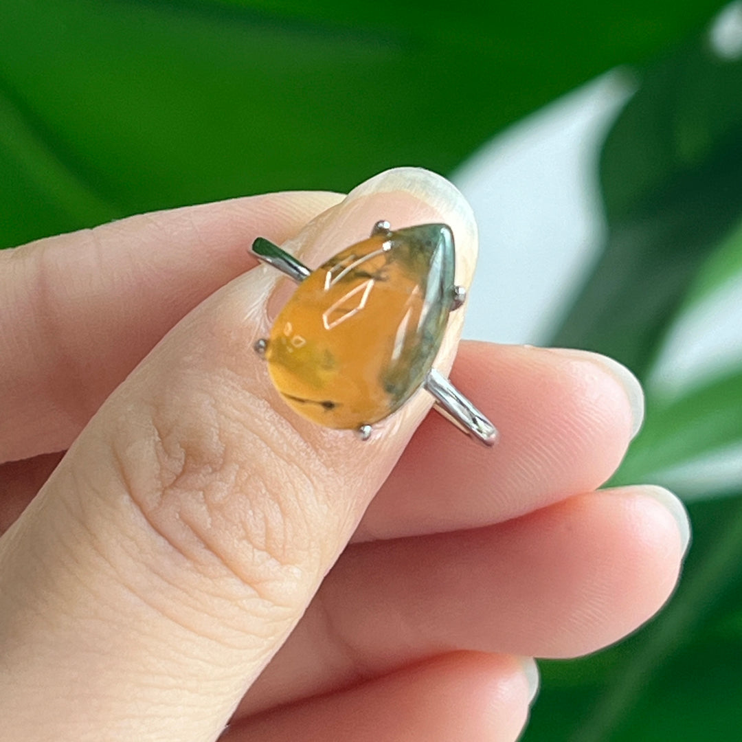 Moss Agate Teardrop Ring, S925