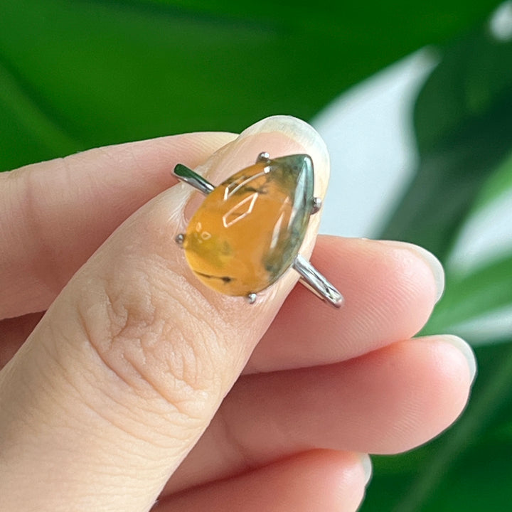 Moss Agate Teardrop Ring, S925