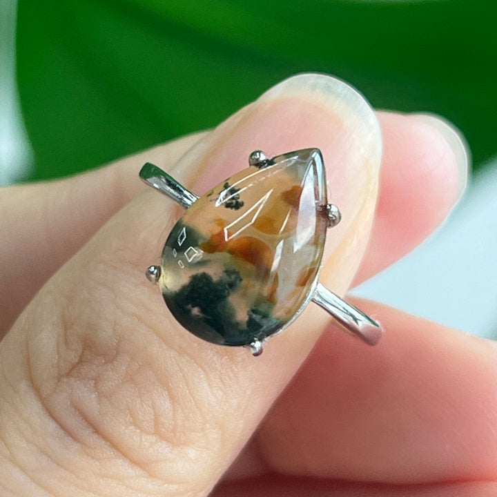 Moss Agate Teardrop Ring, S925