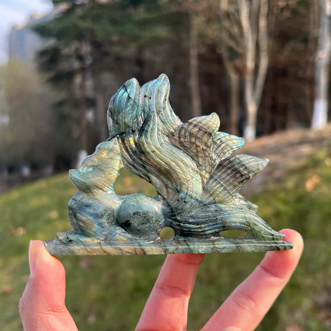 Unique Natural Labradorite Nine-Tailed Fox Carving