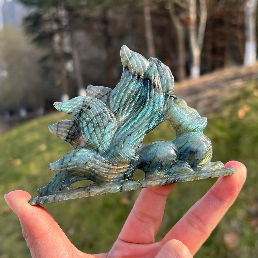 Unique Natural Labradorite Nine-Tailed Fox Carving