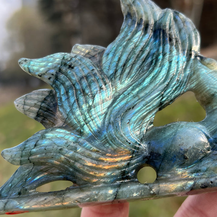Unique Natural Labradorite Nine-Tailed Fox Carving