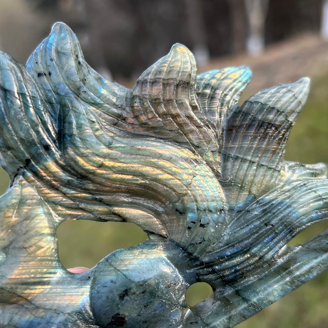 Unique Natural Labradorite Nine-Tailed Fox Carving