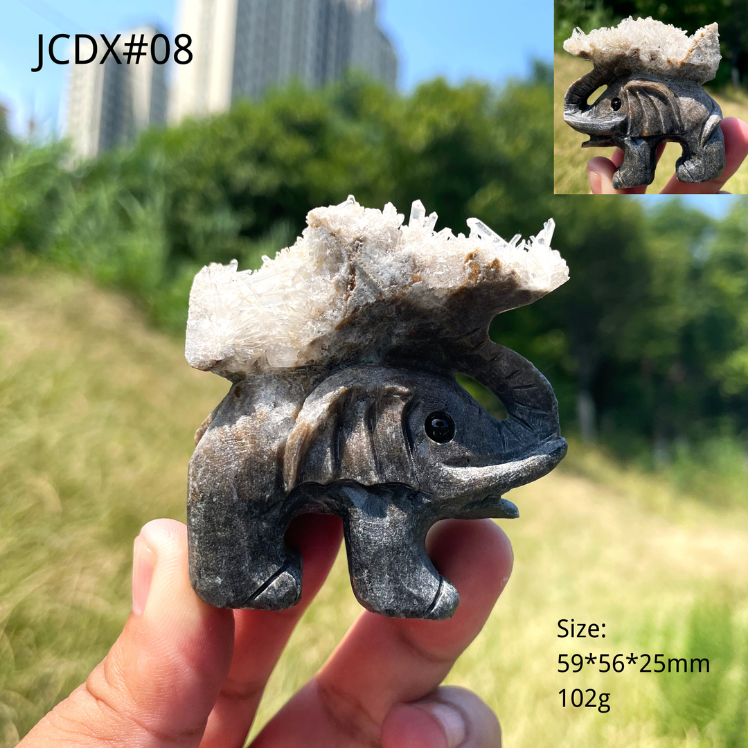 Unique,Natural Crystal Cluster Elephant Carving