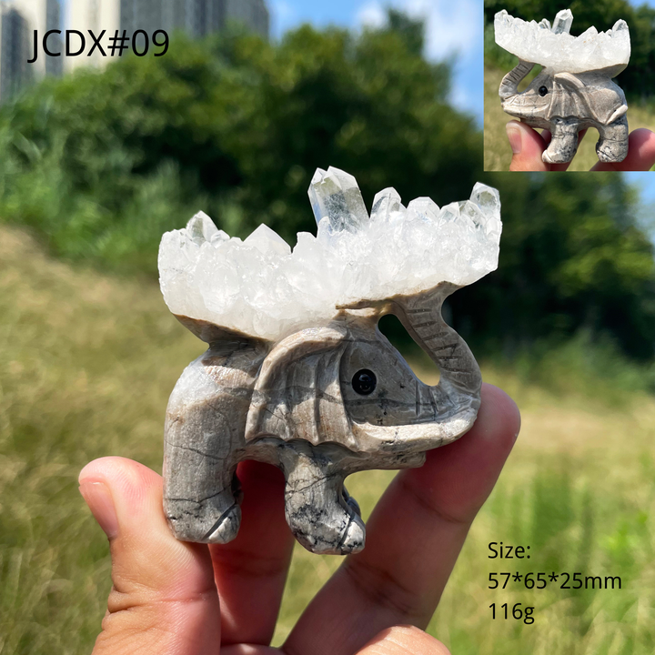 Unique,Natural Crystal Cluster Elephant Carving