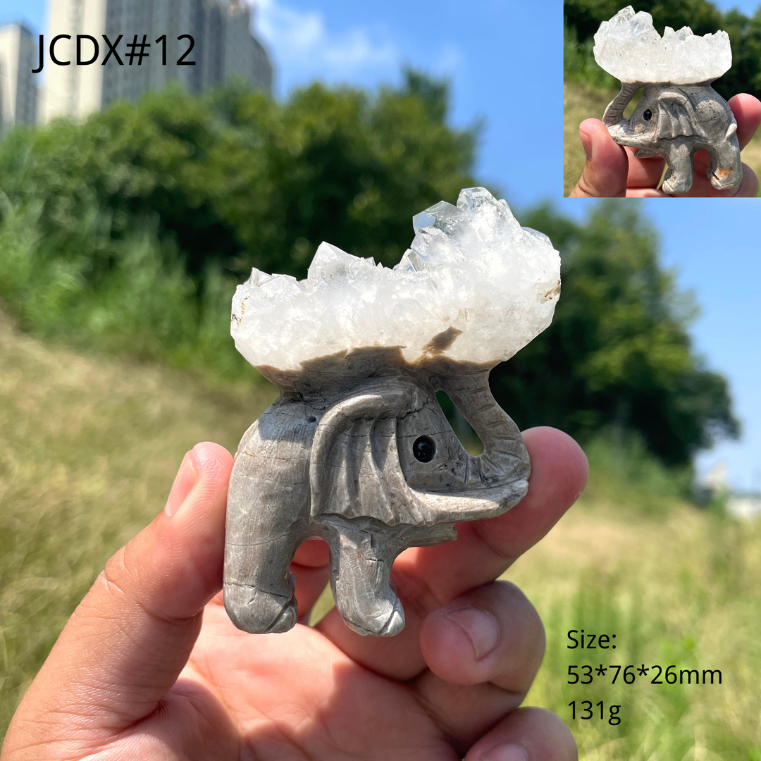 Unique,Natural Crystal Cluster Elephant Carving