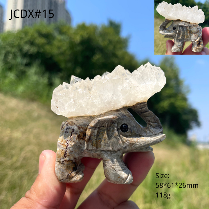 Unique,Natural Crystal Cluster Elephant Carving