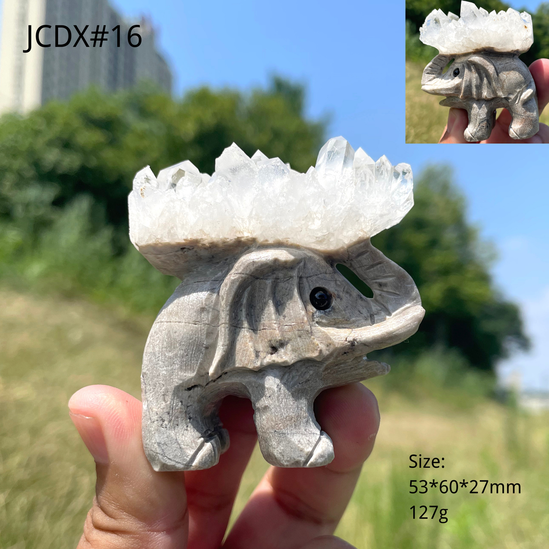Unique,Natural Crystal Cluster Elephant Carving