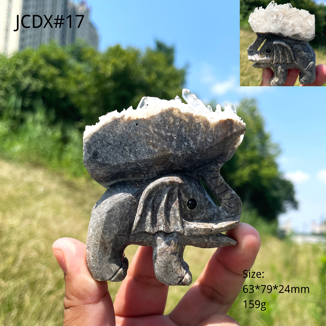 Unique,Natural Crystal Cluster Elephant Carving