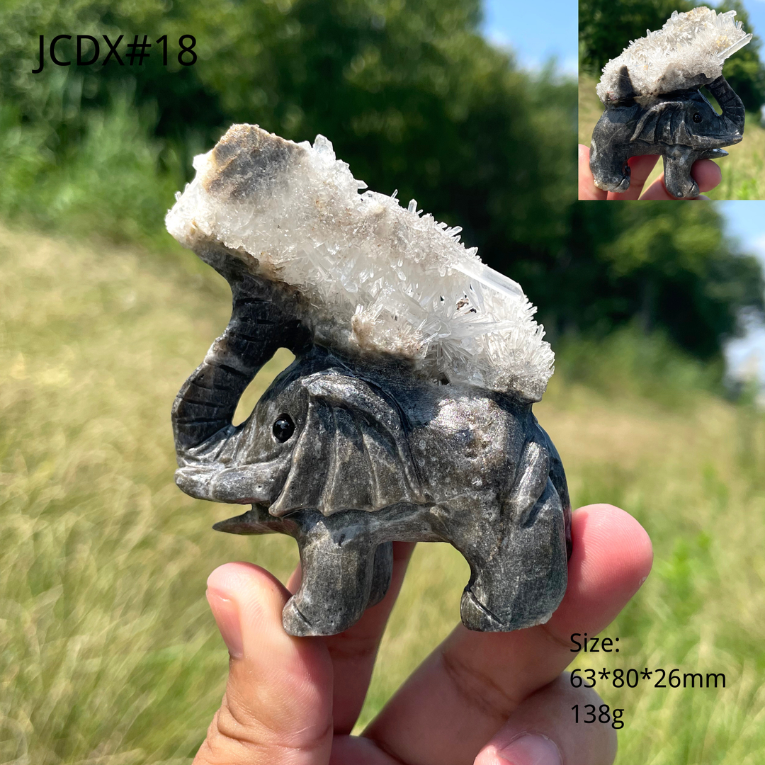 Unique,Natural Crystal Cluster Elephant Carving