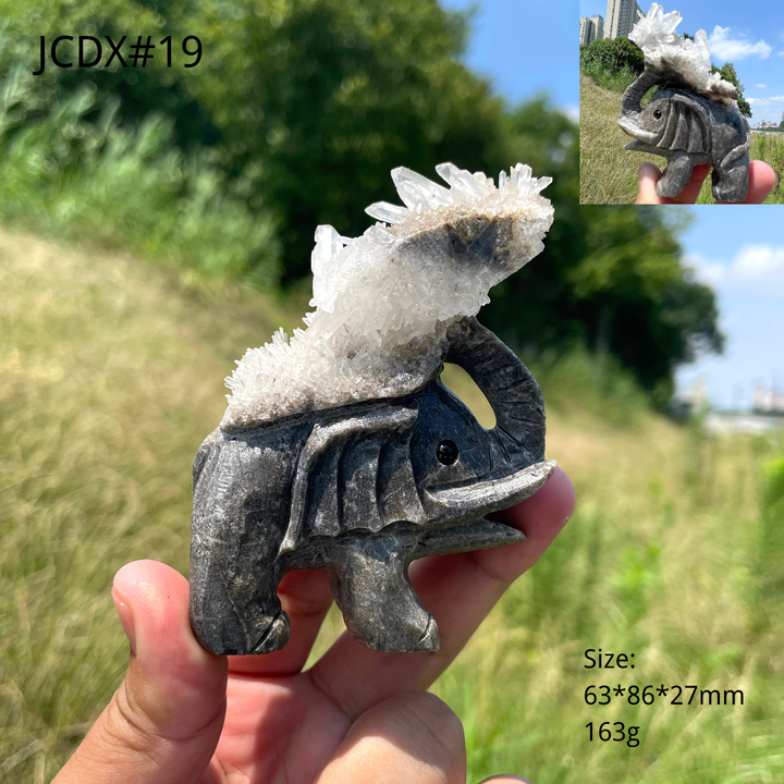 Unique,Natural Crystal Cluster Elephant Carving