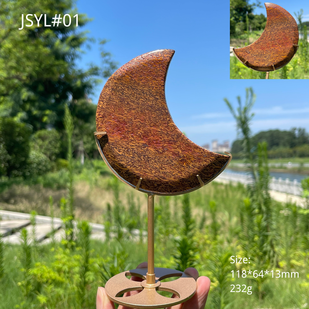 Unique,Natural Calligraphy Jasper Crescent Moon With Stand