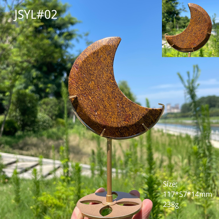 Unique,Natural Calligraphy Jasper Crescent Moon With Stand