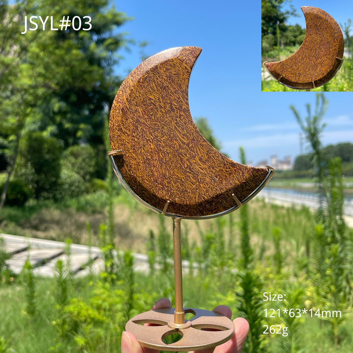 Unique,Natural Calligraphy Jasper Crescent Moon With Stand