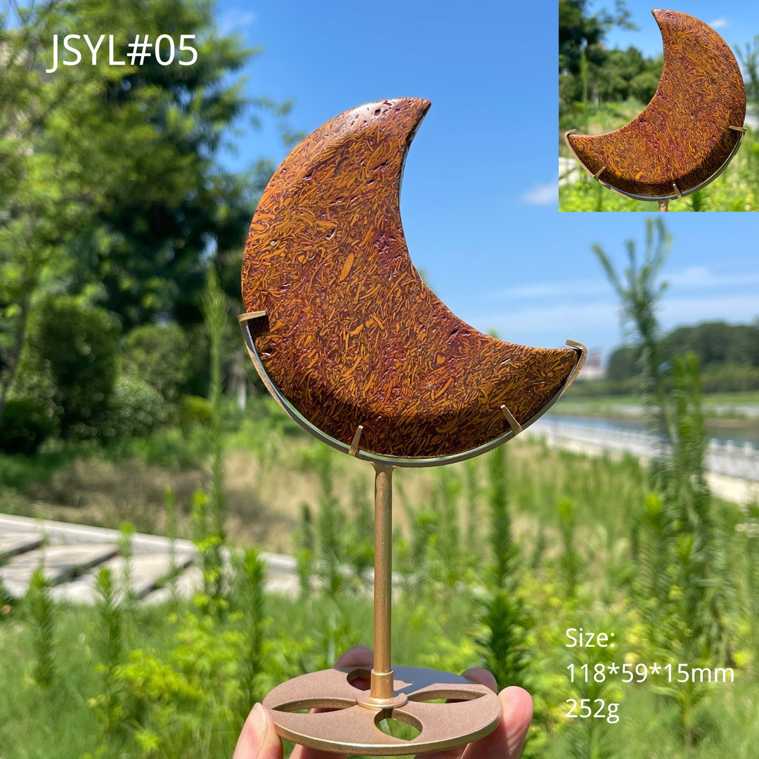 Unique,Natural Calligraphy Jasper Crescent Moon With Stand