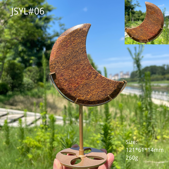 Unique,Natural Calligraphy Jasper Crescent Moon With Stand