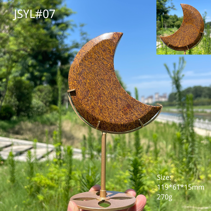 Unique,Natural Calligraphy Jasper Crescent Moon With Stand