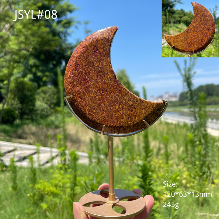 Unique,Natural Calligraphy Jasper Crescent Moon With Stand