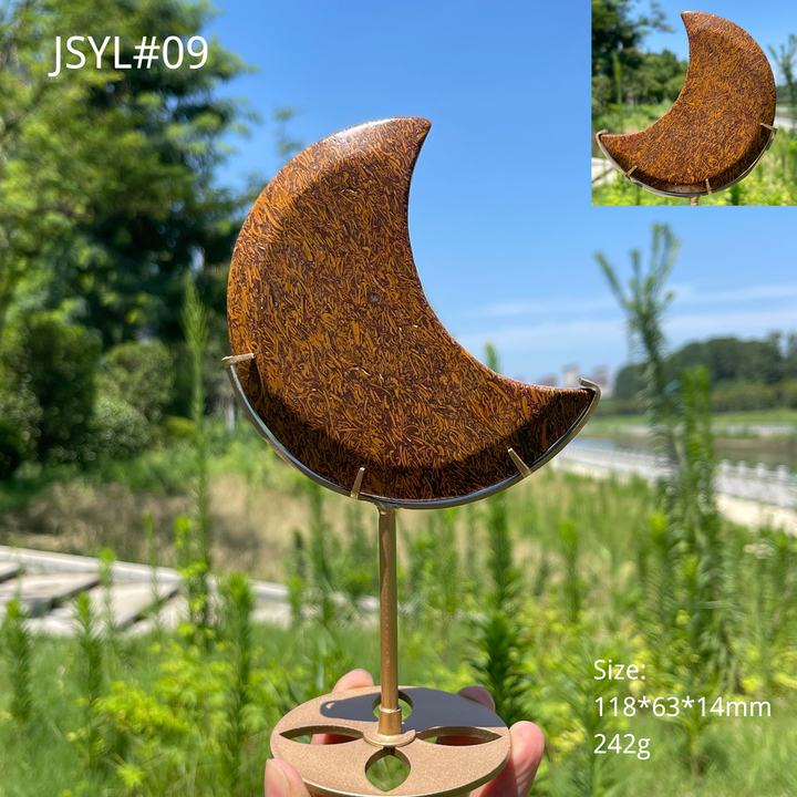 Unique,Natural Calligraphy Jasper Crescent Moon With Stand